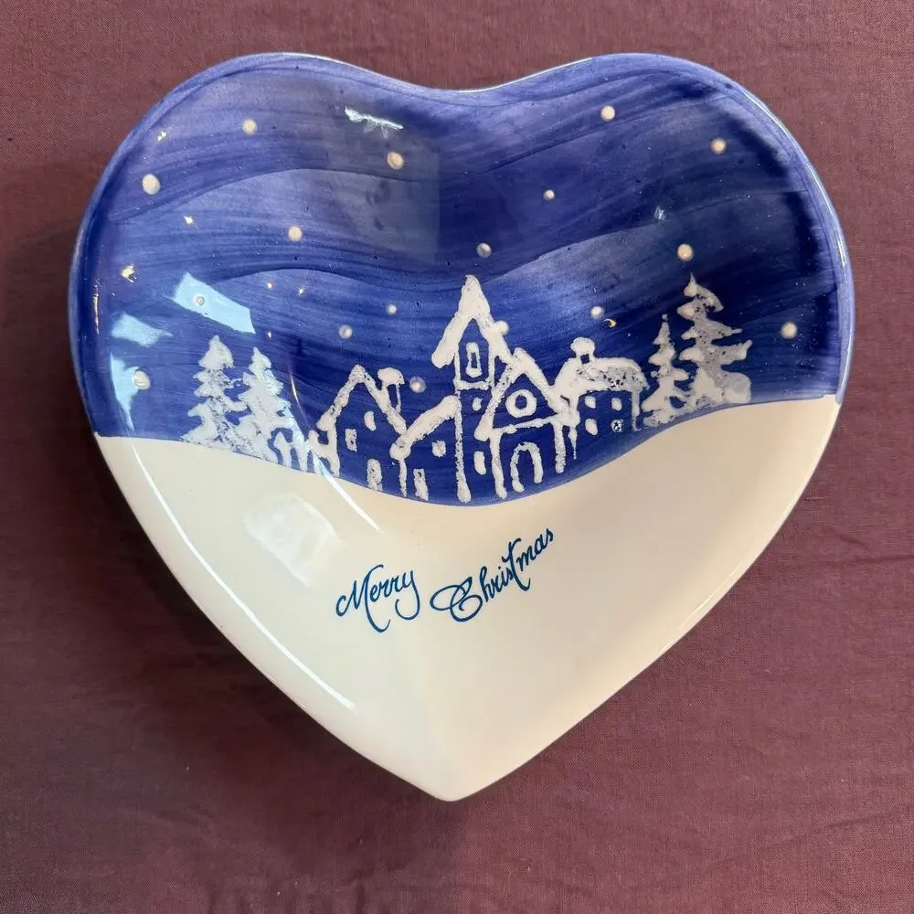 Ceramiche Fabbro Blue/White Snowy Heart Shaped Candy Dish‎ Made in Italy